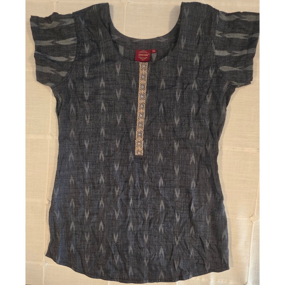 Sakshi Gray Ikat Print Tunic Top Short Sleeve Embroidered Placket XL